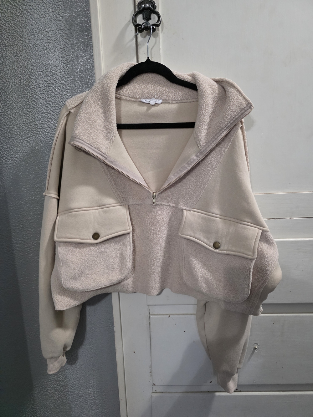Women's Cream Sherpa Half-Zip Pocket Hoodie